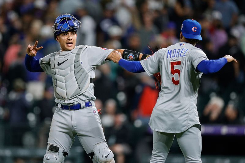 Sep 11, 2023; Denver, Colorado, USA; Chicago Cubs catcher Miguel Amaya (6) and designated hitter Christopher Morel (5) celebrate after the game against the Colorado Rockies at Coors Field. Mandatory Credit: Isaiah J. Downing-USA TODAY Sports