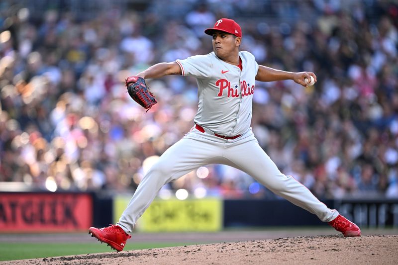 Apr 27, 2024; San Diego, California, USA; Philadelphia Phillies starting pitcher Ranger Suarez (55) throws a pitch against the San Diego Padres during the third inning at Petco Park. Mandatory Credit: Orlando Ramirez-USA TODAY Sports