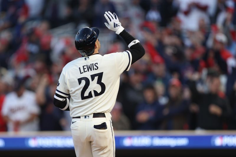 Oct 11, 2023; Minneapolis, Minnesota, USA; Minnesota Twins third baseman Royce Lewis (23) reacts after hitting a solo home-run in the first inning against the Houston Astros during game four of the ALDS for the 2023 MLB playoffs at Target Field Mandatory Credit: Jesse Johnson-USA TODAY Sports