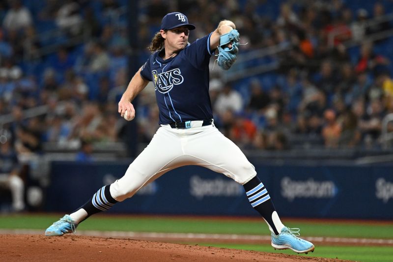 Apr 23, 2024; St. Petersburg, Florida, USA; Tampa Bay Rays starting pitcher Ryan Pepiot (44) throws a pitch in the third inning against the Detroit Tigers at Tropicana Field. Mandatory Credit: Jonathan Dyer-USA TODAY Sports