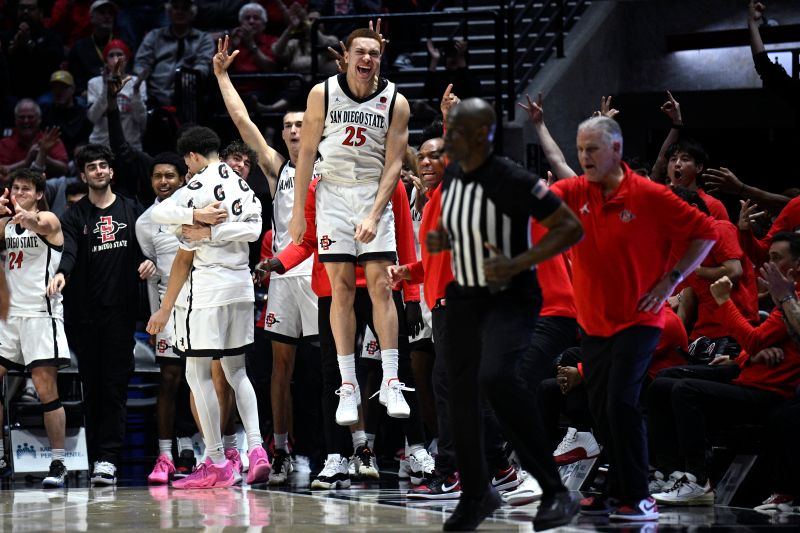 Feb 13, 2024; San Diego, California, USA; San Diego State Aztecs forward Elijah Saunders (25) celebrates on the sideline during the second half against the Colorado State Rams at Viejas Arena. Mandatory Credit: Orlando Ramirez-USA TODAY Sports