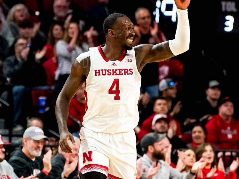 Dec 20, 2023; Lincoln, Nebraska, USA; Nebraska Cornhuskers forward Juwan Gary (4) celebrates after scoring against the North Dakota Fighting Hawks during the second half at Pinnacle Bank Arena. Mandatory Credit: Dylan Widger-USA TODAY Sports