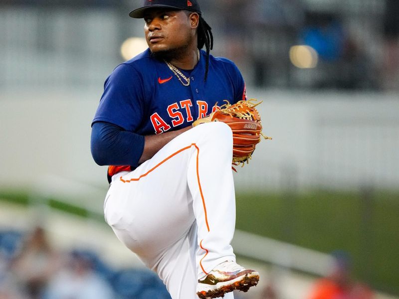 Mar 7, 2023; West Palm Beach, Florida, USA; Houston Astros starting pitcher Framber Valdez (59) throws a pitch against the New York Mets during the second inning at The Ballpark of the Palm Beaches. Mandatory Credit: Rich Storry-USA TODAY Sports