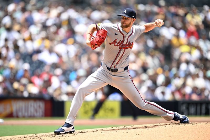 Jul 14, 2024; San Diego, California, USA; Atlanta Braves starting pitcher Chris Sale (51) pitches against the San Diego Padres during the first inning at Petco Park. Mandatory Credit: Orlando Ramirez-USA TODAY Sports