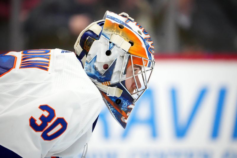 Jan 2, 2024; Denver, Colorado, USA; New York Islanders goaltender Ilya Sorokin (30) before the start of an overtime period against the Colorado Avalanche at Ball Arena. Mandatory Credit: Ron Chenoy-USA TODAY Sports