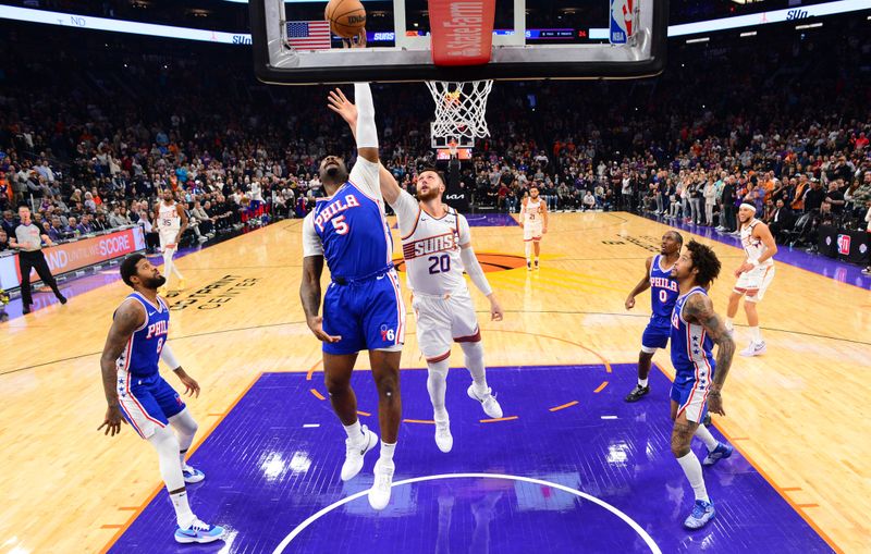 PHOENIX, AZ - NOVEMBER 4: Andre Drummond #5 of the Philadelphia 76ers drives to the basket during the game against the Phoenix Suns on November 4, 2024 at Footprint Center in Phoenix, Arizona. NOTE TO USER: User expressly acknowledges and agrees that, by downloading and or using this photograph, user is consenting to the terms and conditions of the Getty Images License Agreement. Mandatory Copyright Notice: Copyright 2024 NBAE (Photo by Kate Frese/NBAE via Getty Images)