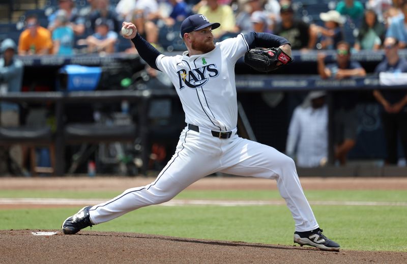 May 28, 2025; Minneapolis, Minnesota, USA; Tampa Bay Rays starting pitcher Drew Rasmussen (57)  throws a pitch against the Minnesota Twins during the first inning  at George M. Steinbrenner Field. Mandatory Credit: Kim Klement Neitzel-Imagn Images
