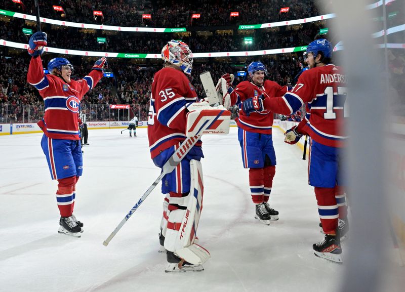 Dec 4, 2023; Montreal, Quebec, CAN; Montreal Canadiens forward Josh Anderson (17) celebrates with teammates after scoring a goal against the Seattle Kraken during the third period at the Bell Centre. Mandatory Credit: Eric Bolte-USA TODAY Sports