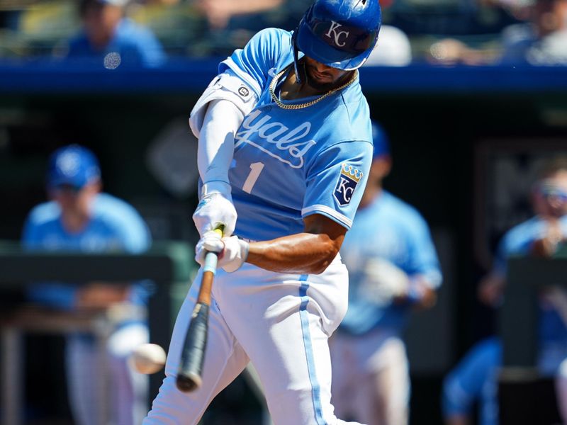 Jul 30, 2023; Kansas City, Missouri, USA; Kansas City Royals left fielder MJ Melendez (1) hits a single during the eighth inning against the Minnesota Twins at Kauffman Stadium. Mandatory Credit: Jay Biggerstaff-USA TODAY Sports