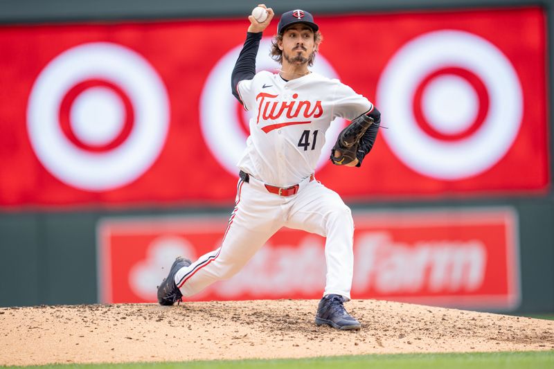 Jul 21, 2024; Minneapolis, Minnesota, USA; Minnesota Twins pitcher Joe Ryan (41) pitches in the firth inning against the Milwaukee Brewers at Target Field. Mandatory Credit: Matt Blewett-USA TODAY Sports