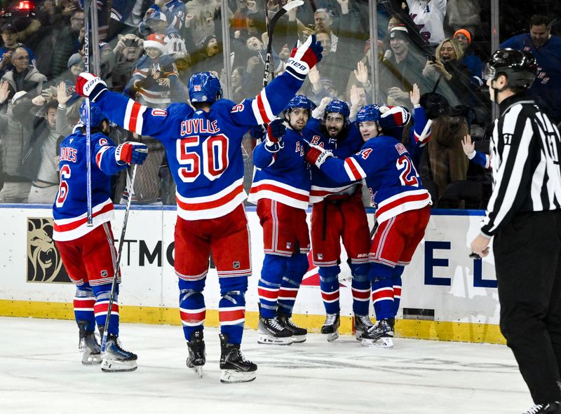 Nov 30, 2024; New York, New York, USA; New York Rangers right wing Kaapo Kakko (24) celebrates with teammates after scoring a goal against the Montreal Canadiens during the third period at Madison Square Garden. Mandatory Credit: John Jones-Imagn Images