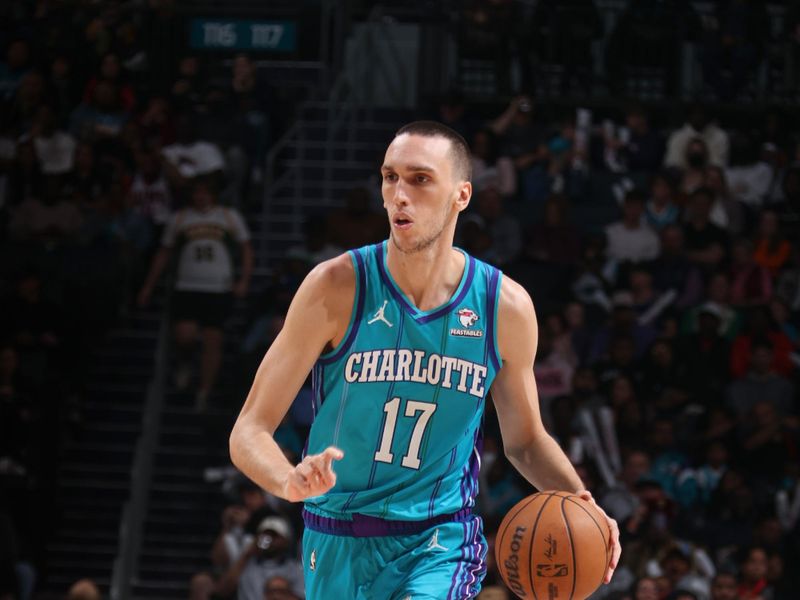 CHARLOTTE, NC - MARCH 15:  Aleksej Pokusevski #17 of the Charlotte Hornets handles the ball during the game  on March 15, 2024 at Spectrum Center in Charlotte, North Carolina. NOTE TO USER: User expressly acknowledges and agrees that, by downloading and or using this photograph, User is consenting to the terms and conditions of the Getty Images License Agreement.  Mandatory Copyright Notice:  Copyright 2024 NBAE (Photo by Nathaniel S. Butler/NBAE via Getty Images)