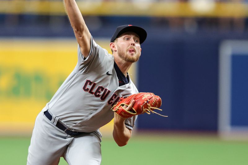 Aug 13, 2023; St. Petersburg, Florida, USA;  Cleveland Guardians starting pitcher Tanner Bibee (61) throws a pitch against the Tampa Bay Rays in the first inning at Tropicana Field. Mandatory Credit: Nathan Ray Seebeck-USA TODAY Sports