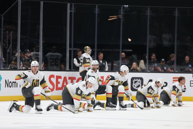 Nov 15, 2024; Salt Lake City, Utah, USA; The Vegas Golden Knights warm up before the game against the Utah Hockey Club at Delta Center. Mandatory Credit: Rob Gray-Imagn Images