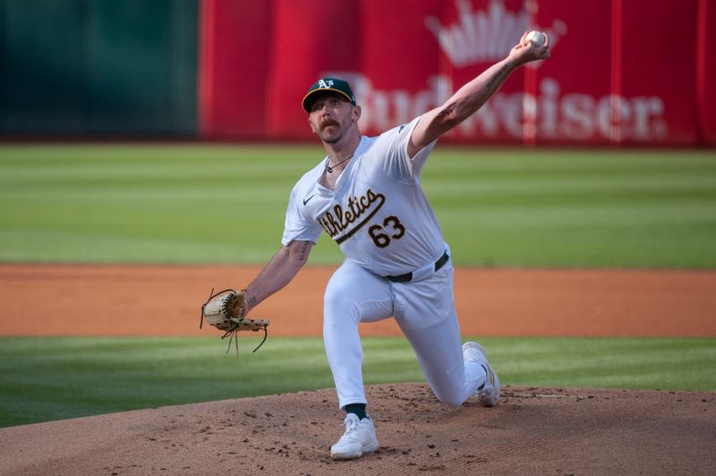 Jun 18, 2024; Oakland, California, USA; Oakland Athletics starting pitcher Hogan Harris (63) throws a pitch against the Kansas City Royals during the first inning at Oakland-Alameda County Coliseum. Mandatory Credit: Ed Szczepanski-USA TODAY Sports
