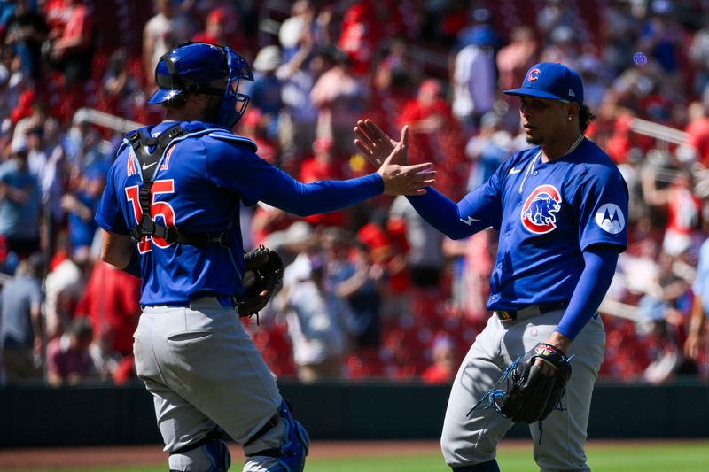 Jun 26, 2025; St. Louis, Missouri, USA;  Chicago Cubs relief pitcher Daniel Palencia (48) celebrates with catcher Carson Kelly (15) after striking out St. Louis Cardinals designated hitter Nolan Gorman (not pictured) to secure a victory for the Cubs at Busch Stadium. Mandatory Credit: Jeff Curry-Imagn Images