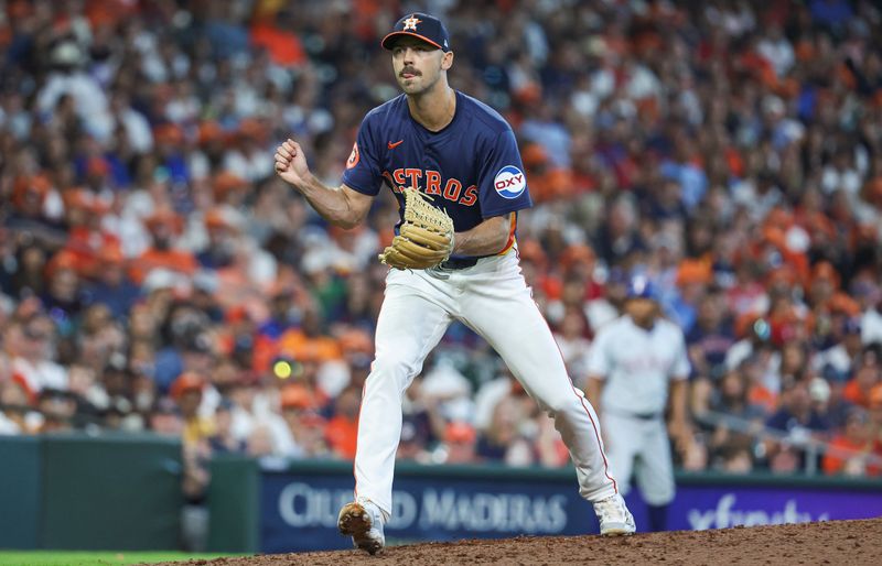 Apr 14, 2024; Houston, Texas, USA; Houston Astros pitcher Tayler Scott (50) reacts after getting a strikeout during the eighth inning against the Texas Rangers at Minute Maid Park. Mandatory Credit: Troy Taormina-USA TODAY Sports