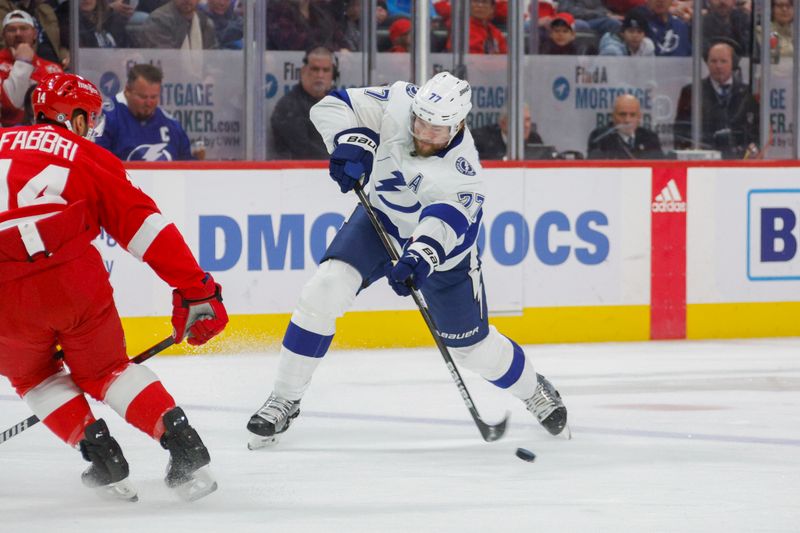 Jan 21, 2024; Detroit, Michigan, USA; Tampa Bay Lightning defenseman Victor Hedman (77) shoots the puck during the first period at Little Caesars Arena. Mandatory Credit: Brian Bradshaw Sevald-USA TODAY Sports