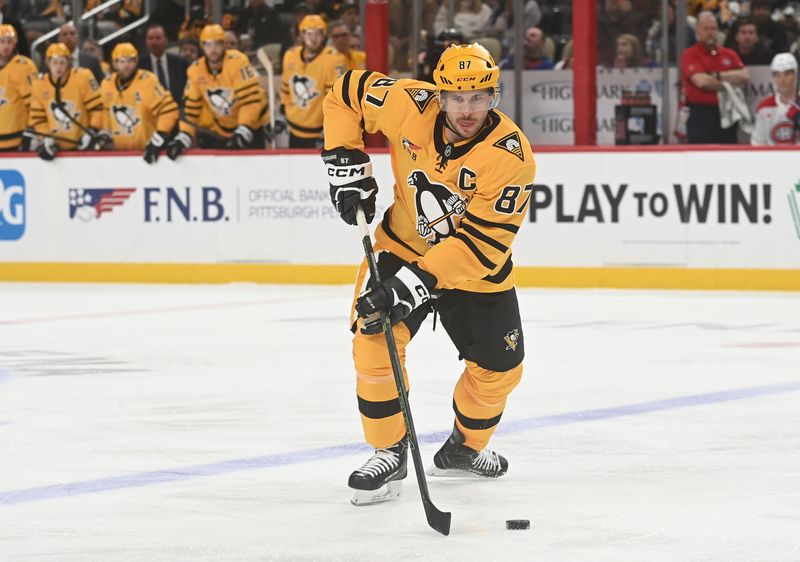 Dec 11, 2025; Pittsburgh, Pennsylvania, USA;  Pittsburgh Penguins center Sidney Crosby (87) moves the puck against the Montreal Canadiens during the third period at PPG Paints Arena. The Canadiens won 4-2.  Mandatory Credit: Philip G. Pavely-Imagn Images