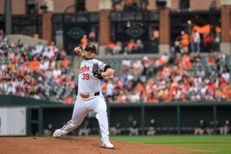 May 19, 2024; Baltimore, Maryland, USA; Baltimore Orioles pitcher Corbin Burnes (39) throws a pitch during the first inning against the Seattle Mariners at Oriole Park at Camden Yards. Mandatory Credit: Reggie Hildred-USA TODAY Sports