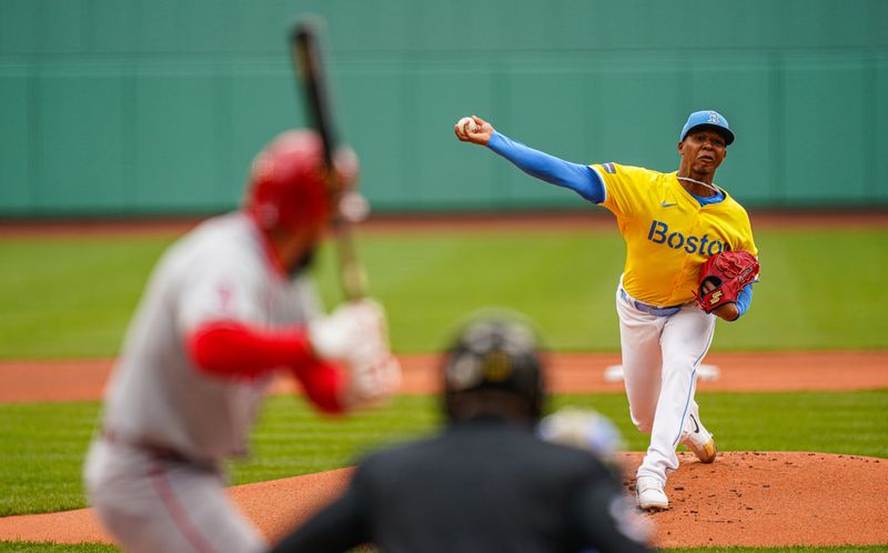 Apr 14, 2024; Boston, Massachusetts, USA; Boston Red Sox pitcher Brayan Bello (66) throws a pitch against the Los Angeles Angels in the first inning at Fenway Park. Mandatory Credit: David Butler II-USA TODAY Sports