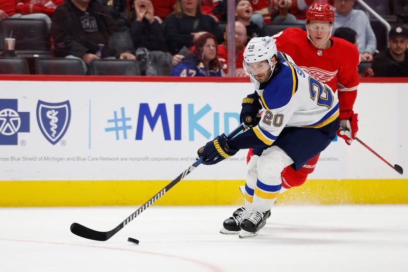 Feb 24, 2024; Detroit, Michigan, USA;  St. Louis Blues left wing Brandon Saad (20) skates with the puck in the third period against the Detroit Red Wings at Little Caesars Arena. Mandatory Credit: Rick Osentoski-USA TODAY Sports