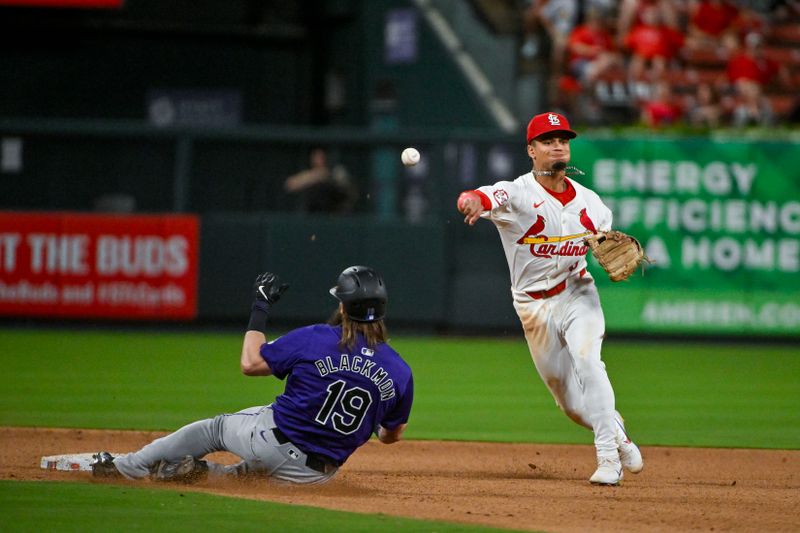 Jun 6, 2024; St. Louis, Missouri, USA;  St. Louis Cardinals shortstop Masyn Winn (0) forces out Colorado Rockies designated hitter Charlie Blackmon (19) and throws to first to complete the double play during the seventh inning at Busch Stadium. Mandatory Credit: Jeff Curry-USA TODAY Sports