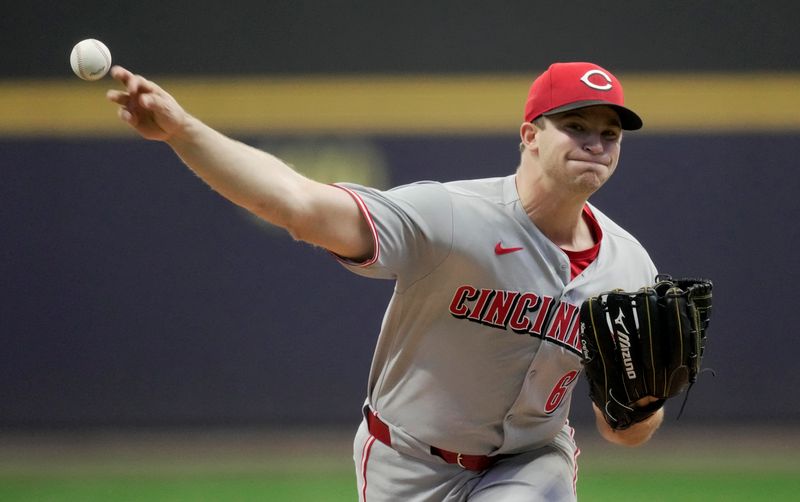 Apr 6, 2025; Milwaukee, Wisconsin, USA; Cincinnati Reds pitcher Carson Spiers (68) throws during the first inning of their game against the Milwaukee Brewers at American Family Field. Mandatory Credit: Mark Hoffman-USA Today Network via Imagn Images 