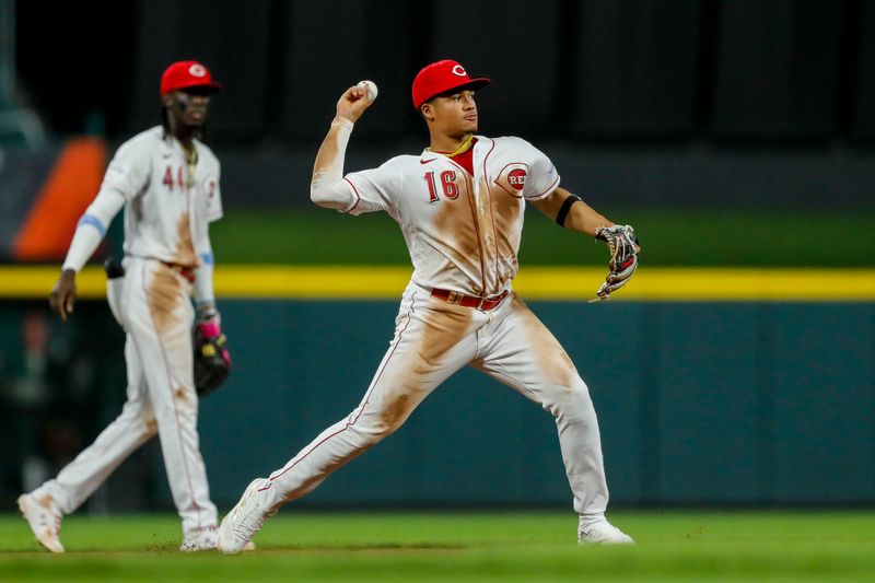 Sep 5, 2023; Cincinnati, Ohio, USA; Cincinnati Reds third baseman Noelvi Marte (16) throws to first to get Seattle Mariners right fielder Teoscar Hernandez (not pictured) out in the seventh inning at Great American Ball Park. Mandatory Credit: Katie Stratman-USA TODAY Sports