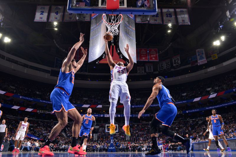 PHILADELPHIA, PA - JANUARY 15: Eric Gordon #23 of the Philadelphia 76ers drives to the basket during the game against the New York Knicks on January 15, 2025 at the Wells Fargo Center in Philadelphia, Pennsylvania NOTE TO USER: User expressly acknowledges and agrees that, by downloading and/or using this Photograph, user is consenting to the terms and conditions of the Getty Images License Agreement. Mandatory Copyright Notice: Copyright 2025 NBAE (Photo by Jesse D. Garrabrant/NBAE via Getty Images)