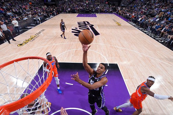 SACRAMENTO, CA - DECEMBER 14: Keegan Murray #13 of the Sacramento Kings shoots the ball during the game against the Oklahoma City Thunder on December 14, 2023 at Golden 1 Center in Sacramento, California. NOTE TO USER: User expressly acknowledges and agrees that, by downloading and or using this Photograph, user is consenting to the terms and conditions of the Getty Images License Agreement. Mandatory Copyright Notice: Copyright 2023 NBAE (Photo by Rocky Widner/NBAE via Getty Images)