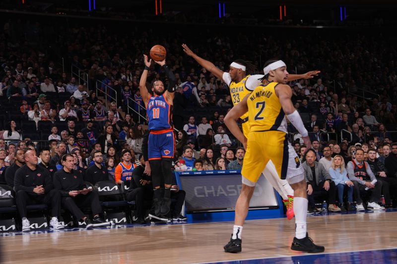 NEW YORK, NY - FEBRUARY 10: Jalen Brunson #11 of the New York Knicks shoots the ball during the game against the Indiana Pacers on February 10, 2024 at Madison Square Garden in New York City, New York.  NOTE TO USER: User expressly acknowledges and agrees that, by downloading and or using this photograph, User is consenting to the terms and conditions of the Getty Images License Agreement. Mandatory Copyright Notice: Copyright 2024 NBAE  (Photo by Jesse D. Garrabrant/NBAE via Getty Images)