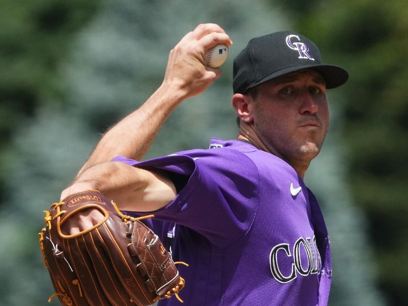 Jul 30, 2023; Denver, Colorado, USA; Colorado Rockies starting pitcher Ty Blach (50) pitches in the first inning against the Oakland Athletics at Coors Field. Mandatory Credit: Ron Chenoy-USA TODAY Sports