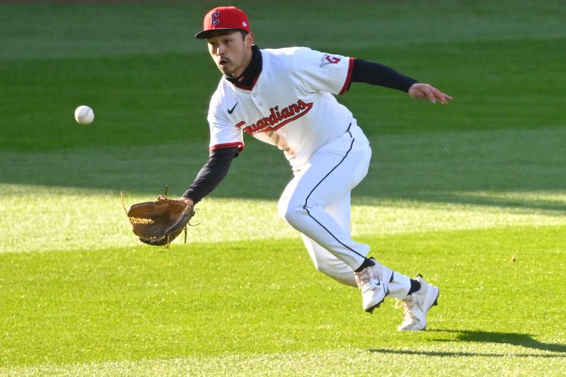 Apr 12, 2025; Cleveland, Ohio, USA; Cleveland Guardians left fielder Steven Kwan (38) makes a running catch in the second inning against the Kansas City Royals at Progressive Field. Mandatory Credit: David Richard-Imagn Images