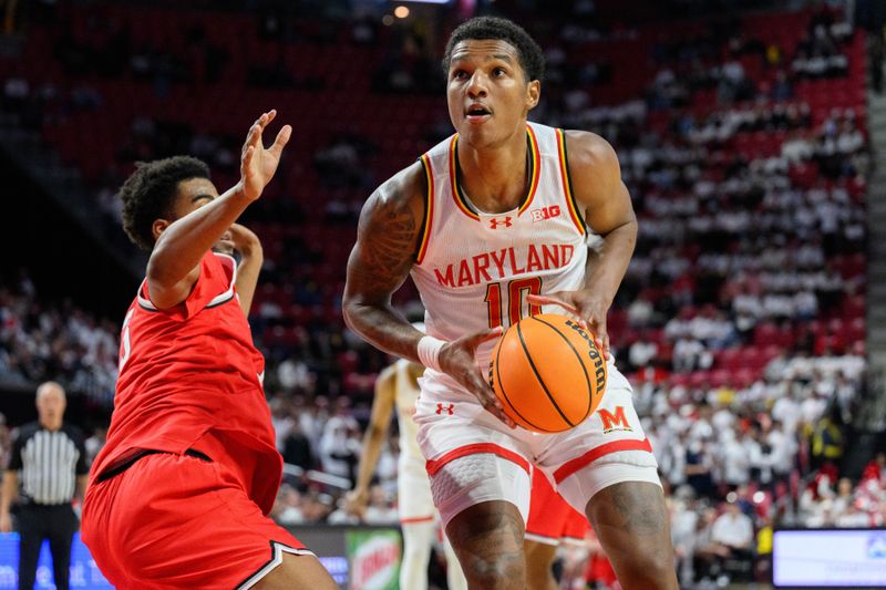 Dec 4, 2024; College Park, Maryland, USA; Maryland Terrapins forward Julian Reese (10) grabs a rebound against Ohio State Buckeyes forward Sean Stewart (13) during the second half at Xfinity Center. Mandatory Credit: Reggie Hildred-Imagn Images