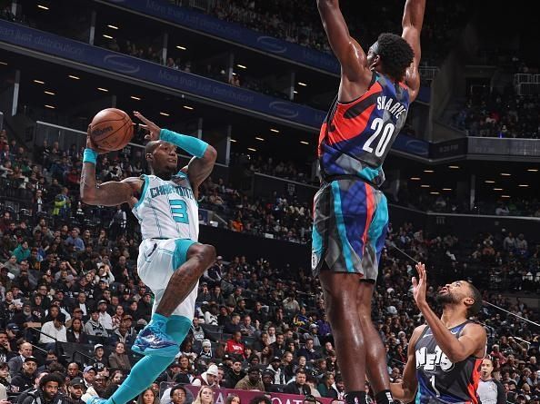 BROOKLYN, NY - NOVEMBER 30: Terry Rozier #3 of the Charlotte Hornets drives to the basket during the game against the Brooklyn Nets on November 30, 2023 at Barclays Center in Brooklyn, New York. NOTE TO USER: User expressly acknowledges and agrees that, by downloading and or using this Photograph, user is consenting to the terms and conditions of the Getty Images License Agreement. Mandatory Copyright Notice: Copyright 2023 NBAE (Photo by Nathaniel S. Butler/NBAE via Getty Images)