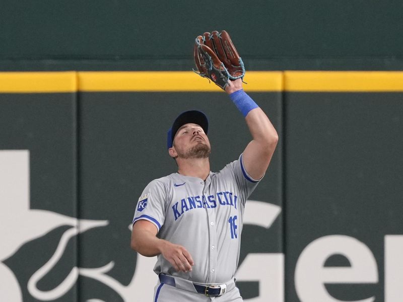 Jun 23, 2024; Arlington, Texas, USA; Kansas City Royals right fielder Hunter Renfroe (16) catches the fly-out hit by Texas Rangers first baseman Nathaniel Lowe (30) during the sixth inning at Globe Life Field. Mandatory Credit: Jim Cowsert-USA TODAY Sports