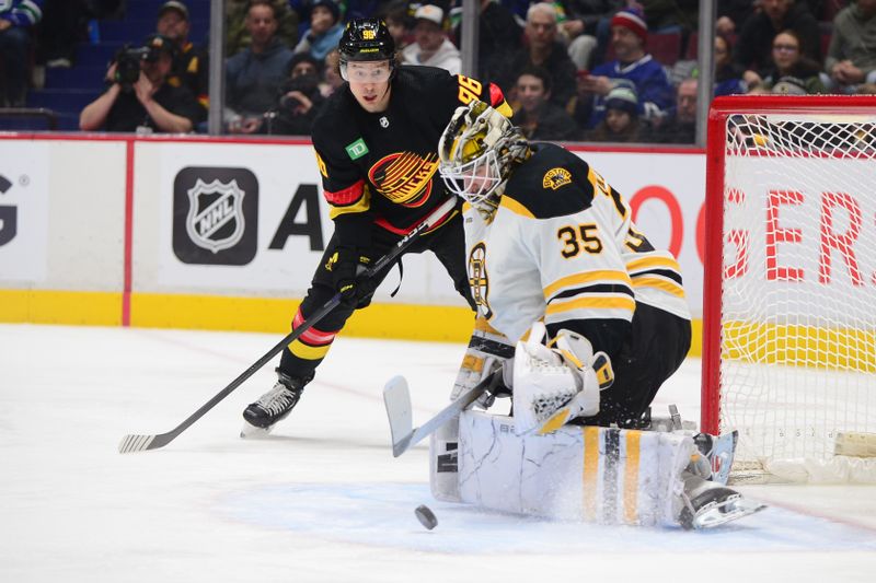 Feb 25, 2023; Vancouver, British Columbia, CAN; Boston Bruins goaltender Linus Ullmark (35) blocks a shot on net by Vancouver Canucks forward Andrei Kuzmenko (96) during the first period at Rogers Arena. Mandatory Credit: Anne-Marie Sorvin-USA TODAY Sports