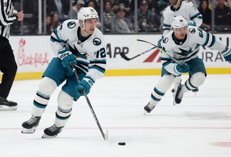 Nov 12, 2023; Anaheim, California, USA; San Jose Sharks center William Eklund (72) skates with the puck during the first period against the Anaheim Ducksa at Honda Center. Mandatory Credit: Jason Parkhurst-USA TODAY Sports