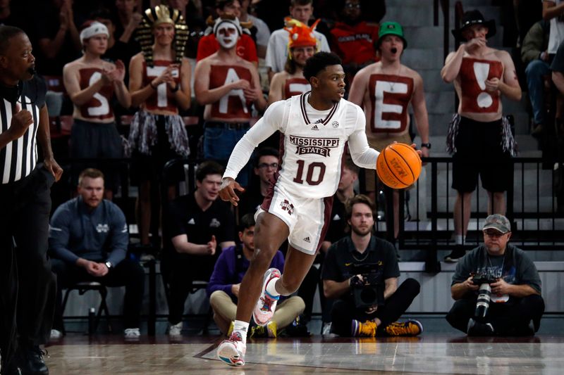 Feb 8, 2023; Starkville, Mississippi, USA; Mississippi State Bulldogs guard Dashawn Davis (10) dribbles up the court during the first half against the LSU Tigers at Humphrey Coliseum. Mandatory Credit: Petre Thomas-USA TODAY Sports