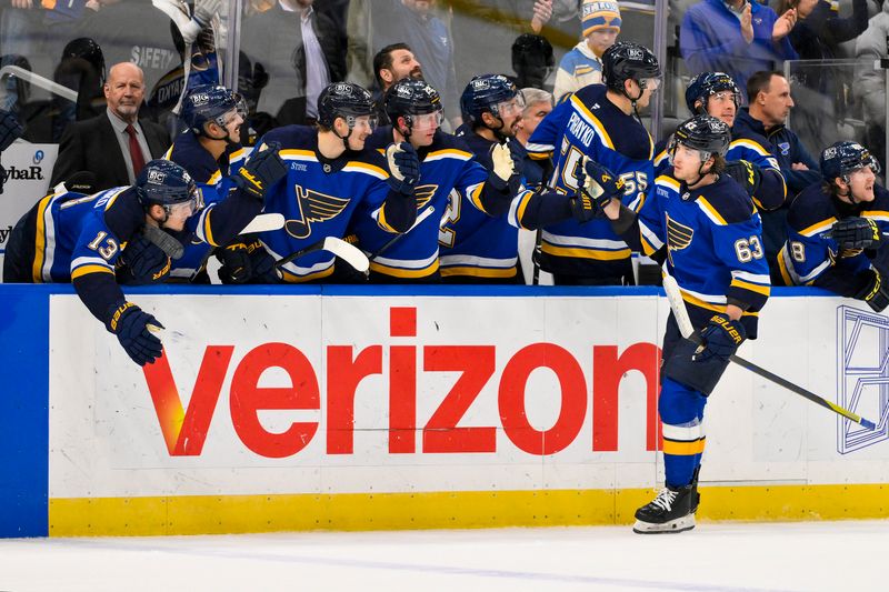 Nov 21, 2024; St. Louis, Missouri, USA;  St. Louis Blues left wing Jake Neighbours (63) is congratulated by teammates after scoring against San Jose Sharks goaltender Yaroslav Askarov (not pictured) in shootouts at Enterprise Center. Mandatory Credit: Jeff Curry-Imagn Images