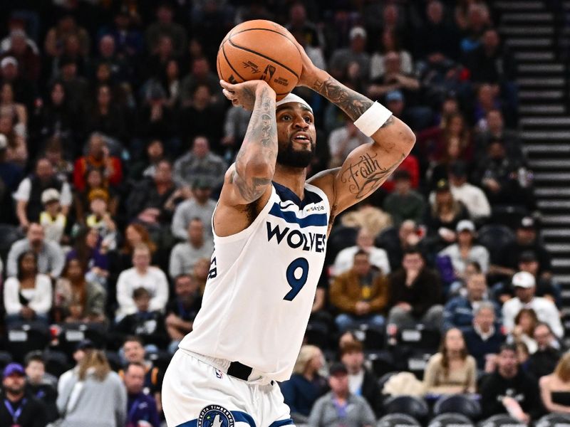 SALT LAKE CITY, UT - JANUARY 30: Nickeil Alexander-Walker #9 of the Minnesota Timberwolves shoots the ball during the game against the Utah Jazz  on January 30, 2025 at Delta Center in Salt Lake City, Utah. NOTE TO USER: User expressly acknowledges and agrees that, by downloading and or using this Photograph, User is consenting to the terms and conditions of the Getty Images License Agreement. Mandatory Copyright Notice: Copyright 2025 NBAE (Photo by Melissa Majchrzak/NBAE via Getty Images)