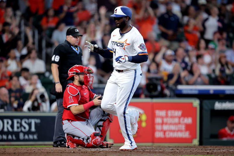 Sep 1, 2025; Houston, Texas, USA; Houston Astros left fielder Yordan Alvarez (44) crosses home plate to score a run against the Los Angeles Angels during the fifth inning at Daikin Park. Mandatory Credit: Erik Williams-Imagn Images