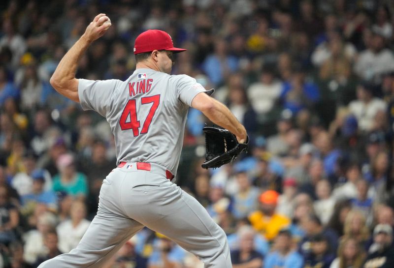 Sep 12, 2025; Milwaukee, Wisconsin, USA; St. Louis Cardinals pitcher John King (47) delivers a pitch against the Milwaukee Brewers in the sixth inning at American Family Field. Mandatory Credit: Michael McLoone-Imagn Images