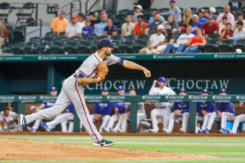 May 15, 2023; Arlington, Texas, USA; Atlanta Braves relief pitcher Danny Young (65) pitches during the eighth inning against the Texas Rangers at Globe Life Field. Mandatory Credit: Andrew Dieb-USA TODAY Sports