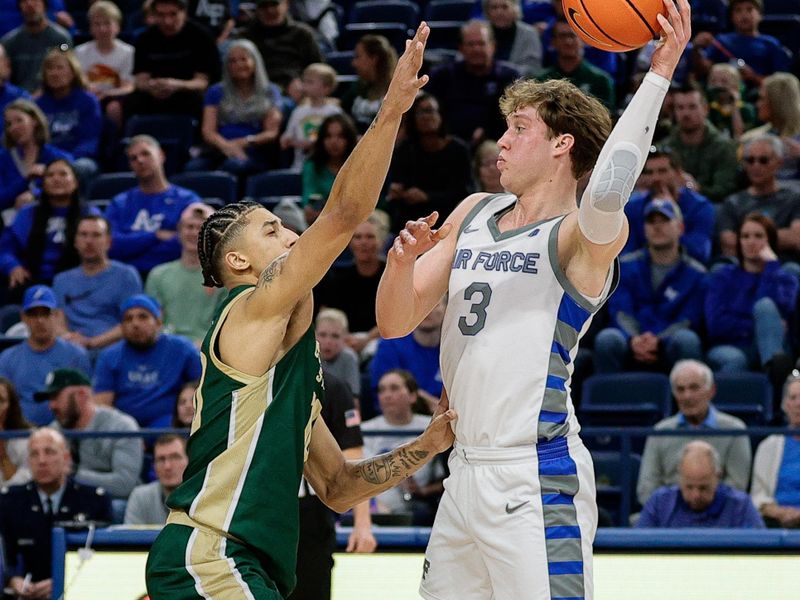 Mar 9, 2024; Colorado Springs, Colorado, USA; Air Force Falcons forward Luke Kearney (3) looks to pass the ball as Colorado State Rams guard Nique Clifford (10) defends in the second half at Clune Arena. Mandatory Credit: Isaiah J. Downing-USA TODAY Sports