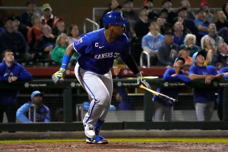 Mar 19, 2024; Scottsdale, Arizona, USA; Kansas City Royals catcher Salvador Perez (13) hits against the San Francisco Giants in the third inning at Scottsdale Stadium. Mandatory Credit: Rick Scuteri-USA TODAY Sports