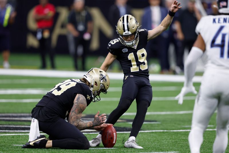 New Orleans Saints place-kicker Blake Grupe (19) kicks a 52-yard field goal against the Tennessee Titans in the second half of an NFL football game in New Orleans, Sunday, Sept. 10, 2023. (AP Photo/Butch Dill)