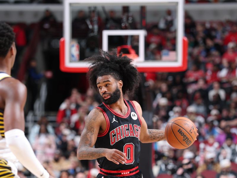 CHICAGO, IL - DECEMBER 6: Coby White #0 of the Chicago Bulls looks to pass the ball during the game Indiana Pacers on December 6, 2024 at United Center in Chicago, Illinois. NOTE TO USER: User expressly acknowledges and agrees that, by downloading and or using this photograph, User is consenting to the terms and conditions of the Getty Images License Agreement. Mandatory Copyright Notice: Copyright 2024 NBAE (Photo by Jeff Haynes/NBAE via Getty Images)