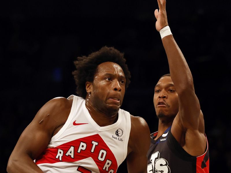 NEW YORK, NEW YORK - NOVEMBER 28: O.G. Anunoby #3 of the Toronto Raptors dribbles against Lonnie Walker IV #8 of the Brooklyn Nets during the first half of an NBA In-Season Tournament game at Barclays Center on November 28, 2023 in the Brooklyn borough of New York City. NOTE TO USER: User expressly acknowledges and agrees that, by downloading and/or using this photograph, User is consenting to the terms and conditions of the Getty Images License Agreement. (Photo by Sarah Stier/Getty Images)